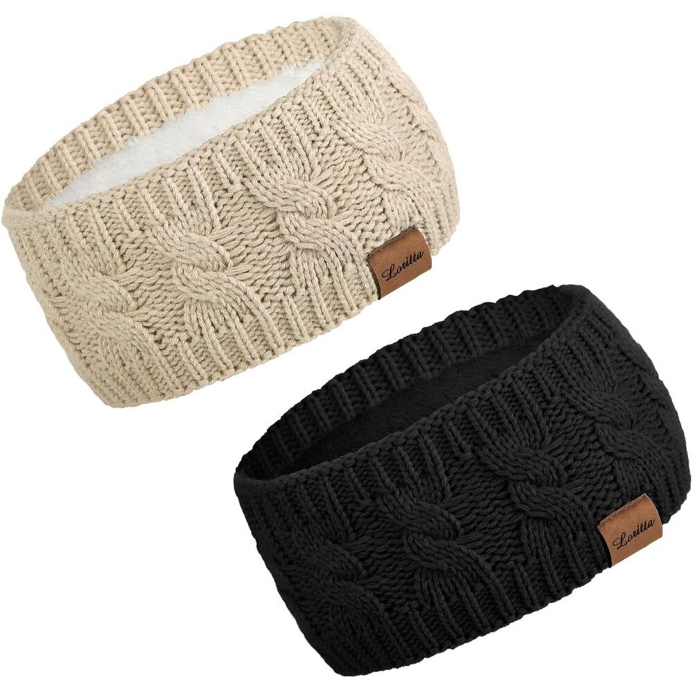 2-Pack Women's Winter Cable Knit Ear Warmers - Stylish Fleece Lined Headbands